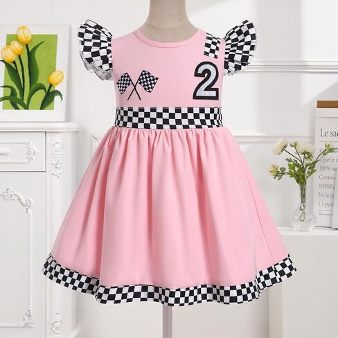 OBEEII Baby Girls Race Car Driver 1st 2nd Birthday Outfit Halloween Fancy Dress Checkerboard Printed Racer Girl Party Dress in Saudi Arabia