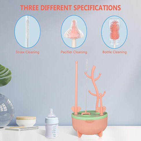 Bottle Brush with Holder, Bottle Cleaner Kit with Silicone Brush, 4 in 1 360° Rotating Multipurpose Long Handle Straw Brush, Pink in Saudi Arabia