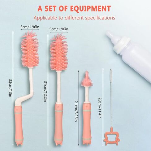 Bottle Brush with Holder, Bottle Cleaner Kit with Silicone Brush, 4 in 1 360° Rotating Multipurpose Long Handle Straw Brush, Pink in Saudi Arabia