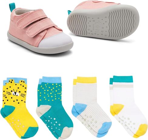 Ten Little First Walker Kids’ Shoes & Crew Socks Bundle for Baby & Toddler Boys & Girls, Rose Pink Shoe Size 4.5, Crew Socks with Non-Skid Grips 4 Pk in Kuwait