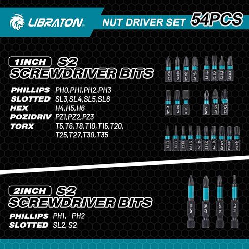 LIBRATON 54PCS Magnetic Nut Driver Set, Impact Drill Driver Bit 1/4", Metric & SAE Nut Driver for Impact Drill, Socket Adapters, Screwdriver Bits, Quick-Release Extension, Wing Nut Driver, Storage Box in Kuwait
