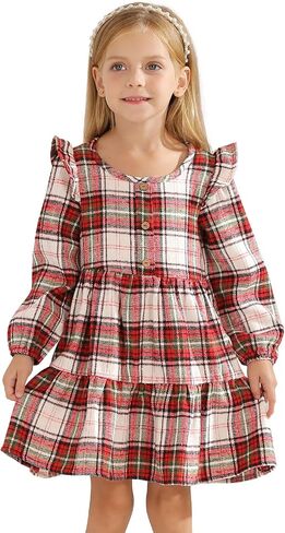 Toddler Baby Girls Dress Plaid Ruffle Flannel Long Sleeve Button Zip A-Line Tiered Dress Fall Winter Outfits in Kuwait