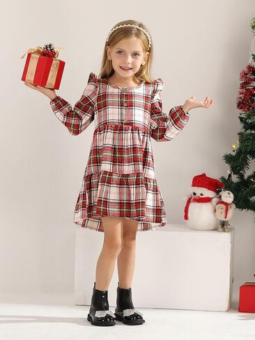 Toddler Baby Girls Dress Plaid Ruffle Flannel Long Sleeve Button Zip A-Line Tiered Dress Fall Winter Outfits in Kuwait