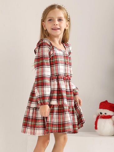 Toddler Baby Girls Dress Plaid Ruffle Flannel Long Sleeve Button Zip A-Line Tiered Dress Fall Winter Outfits in Kuwait