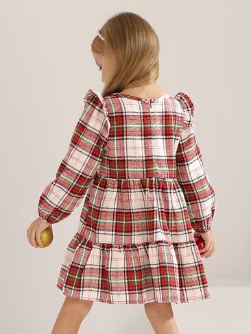 Toddler Baby Girls Dress Plaid Ruffle Flannel Long Sleeve Button Zip A-Line Tiered Dress Fall Winter Outfits in Kuwait