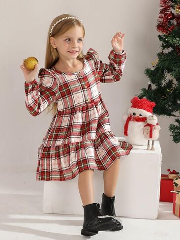Toddler Baby Girls Dress Plaid Ruffle Flannel Long Sleeve Button Zip A-Line Tiered Dress Fall Winter Outfits in Kuwait