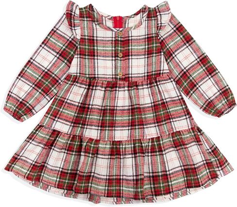 Toddler Baby Girls Dress Plaid Ruffle Flannel Long Sleeve Button Zip A-Line Tiered Dress Fall Winter Outfits in Kuwait