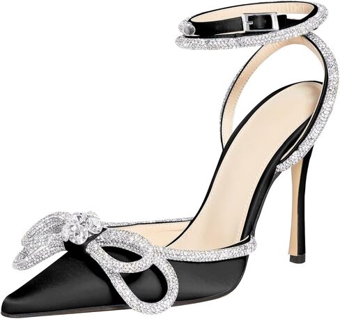 MIRAAZZURRA Rhinestone Bow Heel Sandals Double Bow Crystal Satin Point Toe Stiletto High Heels with Ankle Strap for Bridal Wedding Party in Saudi Arabia