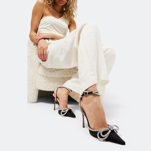 MIRAAZZURRA Rhinestone Bow Heel Sandals Double Bow Crystal Satin Point Toe Stiletto High Heels with Ankle Strap for Bridal Wedding Party in Saudi Arabia