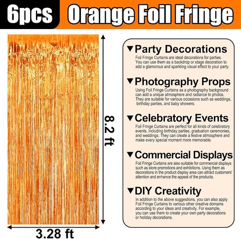 6 Pack Orange Foil Fringe Curtain Backdrop, 3.28Ft x 8.2Ft Metallic Tinsel Foil Fringe Streamer Curtains for Photo Booth, Valentine's Day, Christmas Day, New Year, Wedding Party Decorations in Kuwait