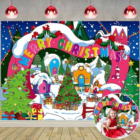 Welcome to Whoville Backdrop Winter Xmas Tree Christmas Village Photography Background Xmas Fairy Tale Animated Kids Holiday Party Decoration Banner (7X5FT(82 x 59 inch)) in Kuwait