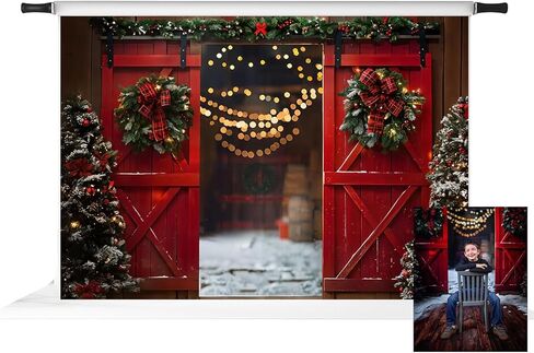 Kate Christmas Barn Backdrop Christmas Trees and Lights Background Winter Night Red Door Photo Background Studio Props,7x5ft in Saudi Arabia