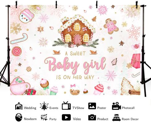 MEHOFOND 7x5ft Christmas Gingerbread House Baby Shower Backdrop A Sweet Baby Girl is On Her Way Photography Background Pink Snowflake Candyland Decor for Baby Girl Cake Table Banner Photo Booth Props in Saudi Arabia