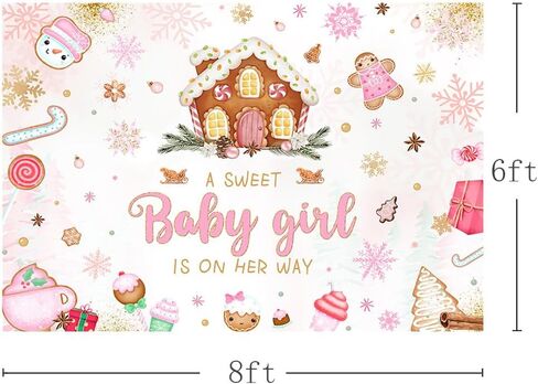 MEHOFOND 7x5ft Christmas Gingerbread House Baby Shower Backdrop A Sweet Baby Girl is On Her Way Photography Background Pink Snowflake Candyland Decor for Baby Girl Cake Table Banner Photo Booth Props in Saudi Arabia