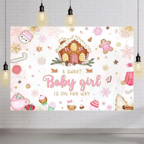 MEHOFOND 7x5ft Christmas Gingerbread House Baby Shower Backdrop A Sweet Baby Girl is On Her Way Photography Background Pink Snowflake Candyland Decor for Baby Girl Cake Table Banner Photo Booth Props in Saudi Arabia