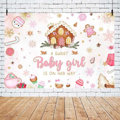 MEHOFOND 7x5ft Christmas Gingerbread House Baby Shower Backdrop A Sweet Baby Girl is On Her Way Photography Background Pink Snowflake Candyland Decor for Baby Girl Cake Table Banner Photo Booth Props in Saudi Arabia