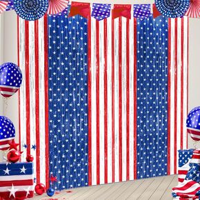 Patriotic Party Decorations, Red White Blue 2 Pack America Tinsel Foil Fringe Curtains Patriotic Backdrop for Independence Day Memorial Day Labor Day Veteran Party Patriotic Party Photo Booth Prop