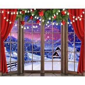 YYNXSY Christmas Backdrop Xmas Window Photography Backdrop Winter Dream Wonderland Snow Tree Red Curtain Christma Photo Backdrop Studio Props Banner Podcast Backdrop 7X5FT YY-3579