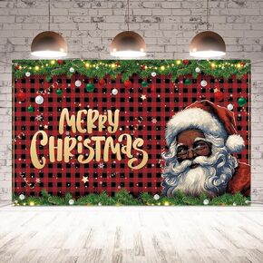 Red and Black Buffalo Check Plaid Black Santa Christmas Photo Backdrop Merry Christmas Banner African American Christmas Xmas Decorations and Supplies for Home Party