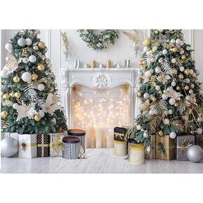 CHAIYA 8x6ft Christmas Themed Photo Backdrop White Fireplace Background Photography Xmas Trees Gifts Wood Floor Backdrop Holiday Celebration Party Decorations CY-255