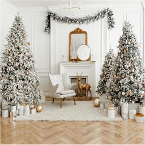 AIIKES 10x10FT Christmas Photography Backdrop Christmas Fireplace Backdrop Indoor White Theme Christmas Tree Gift Holiday Decoration Backdrop Family Gathering Party Backdrop Studio Props 12-625