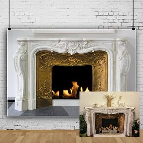 CSFOTO 5x3ft Burning Fireplace Backdrop White and Gold Classic Fireplace Apartment Interior Decor Background for Photography Home Interior Life Style Winter House Photo Wallpaper