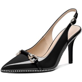 AUMOTED Women's Slingback Heels Beaded Pumps Sling Back High Heel Stilettos Heels Pointed Toe Shoes Dressy Shoes Patent US Size 11 Black