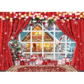 LYCGS 7X5ft Christmas Backdrop Winter Christmas Window Photography Background Xmas Party Backdrop Xmas Tree Snow Fireworks Cartoon Christmas Photo Backdrops X-166