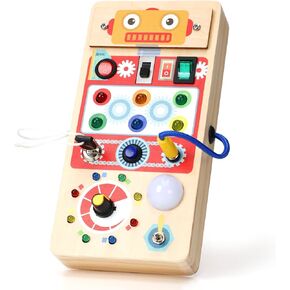 Upltowtme Montessori Busy Board for Toddlers LED Wooden Sensory Toy with 8 Switch Light Early Activity Motor Skills Educational Toy for 3+ Year Old Boys Girls Orange Robot Chirstmas Gift for Kid