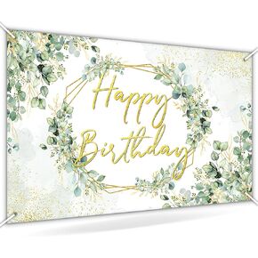 Avezano Sage Green Birthday Backdrop Greenery Eucalyptus Leaves Birthday Party Background Happy Birthday Party Decorations for Women Adults 70.8x43.3 inch