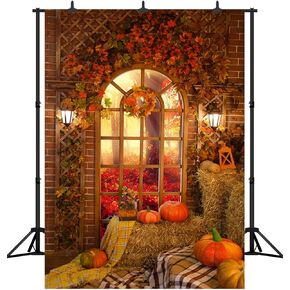 Fall Thanksgiving Harvest Photography Backdrop Pumpkin on Haystack in Front of Window Halloween Background Portrait Party Decoration Vinyl Photo Studio Booth Props PGT558A 5x7ft