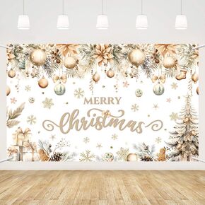 MEHOFOND Merry Christmas Party Backdrop, Gold Snowflakes Christmas Tree Merry Xmas Photo Photography Background Boho Merry Christmas Party Banner 5.9x3.6ft