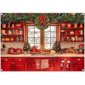 ZTHMOE Fabric 7x5ft Christmas Kitchen Photography Backdrop Cabinets Window Winter Snow Scene Background Xmas Family Party Decoration New Year Photo Banner Props