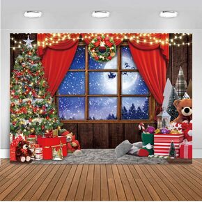 10X10FT Winter Christmas Background Christmas Window Background Red Christmas Party Decoration Banner Christmas Holiday Party Decoration Studio Prop Pictures DH-803
