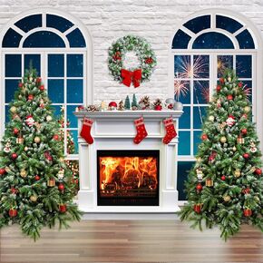SJOLOON Christmas Backdrop for Photography Fireplace Backdrop with Socks Christmas Tree Backdrop for Christmas Family Gathering Party Supplies 12386(10x10FT)