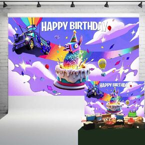 Watercolor Battle Royale Backdrop Glitter Rainbow Car Cloud Sky Purple Background Llama Birthday Cake Banner Kids Video Game Party Supplies 5x3 ft 335