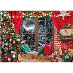 CHAIYA 7X5FT Christmas Backdrop Christmas Red Curtain Background Christmas Window Background Winter Snow Xmas Tree Gift Christmas Family Party Background New Year Party Backdrop CY282