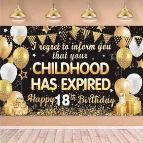 18th Birthday Banner Backdrop I Regret To Inform You Your Childhood Has Expired Backdrop Black Gold for Boys Girls 18 Years Old Party Decorations Photo Booth Background Photoshoot Banner