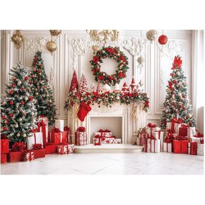 7x5FT Christmas Backdrop Christmas Fireplace Backdrop White Indoor Red Christmas Tree Backdrop Family Holiday Party Decoration Banner Backdrops XY123