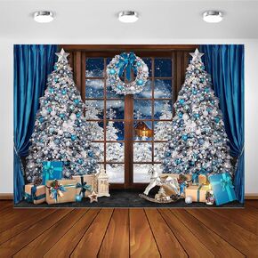 Avezano Christmas Backdrops for Photography Window Winter Snow Scene Blue Xmas Photo Backdrop Family Holiday Photobooth Portrait Photo Studio Props (7x5ft)