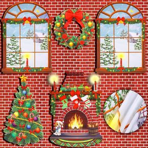 6 Pcs Christmas Fireplace Photography Backdrops Brick Wall Backdrop Window Winter Christmas Tree Wreath Fireplace Backdrop Brick Background Christmas Fireplace Decorations for Home Party