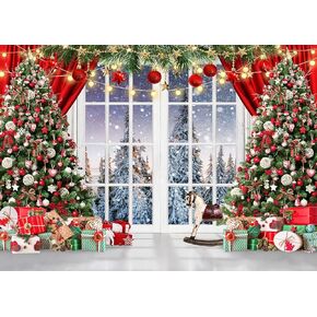 LYCGS 7X5ft Christmas Backdrop Christmas Window Backdrop for Photography Red Merry Christmas Photo Background Winter Xmas Tree Christmas Party Banner X-325