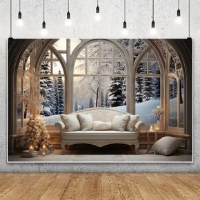 10x8ft Vinyl XMJJKUF Christmas Backdrop White Couch Window Forest Snowscape Winter Cozy Room Background Xmas Family Party Decoration Supplies Portrait Photo Booth