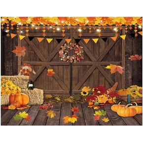YYNXSY Fall Thanksgiving Photography Backdrop Autumn Pumpkin Harvest Barn Background Maple Leaves Rustic Wooden Door Garland Backdrops for Portrait Photoshoot Photo Studio 7X5FT YY-2531