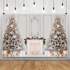 Leowefowa 10x8ft Vinyl White Christmas Backdrop Marble Fireplace Christmas Tree with Gift Interior Background Christmas Party Decorations Photo Booth Studio Props