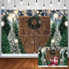 7x5ft Winter Christmas Tree Backdrop for Photography Snowflake Snow Scene Wood Door Glitter Bokeh Portrait Background Xmas Kid Birthday Newborn Baby Shower Party Banner Photo Shoot Studio Props