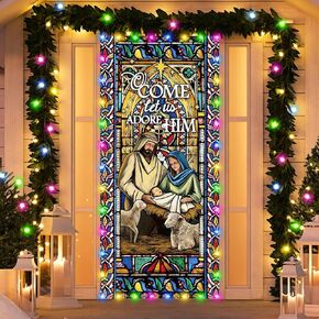 Christmas Nativity Scene Door Cover with String Lights Christmas Religious Door Cover Manger Scene Nativity Banner Background for Front Door Xmas House Church Party Supplies 6.6 x 3.0 Inches