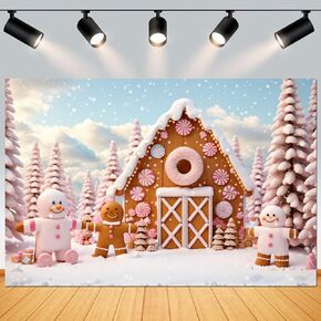 Yeele 10x8ft Christmas Village Photography Backdrop Cartoon Pink Gingerbread Man Cookie House Background Winter Snowfall Forest Scene Kids Family Xmas Party Decor Supplies
