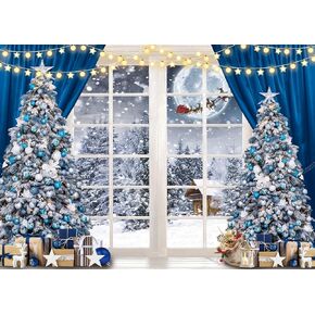 LYCGS 8x6ft Christmas Backdrop Christmas Window Backdrop Blue Christmas Photo Backdrops Xmas Tree Snowflake Photography Background X-327
