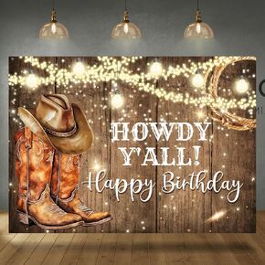 Western Birthday Backdrop Cowboy Happy Birthday Rustic West Rodeo Boots Wooden Floor Country Photography Background Birthday Party Decoration Supplies Banner Photo Booth Studio Props 7x5ft